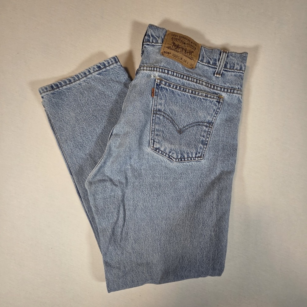 Vintage Levi's Jeans 505 38x30 Relaxed Fit Straight Leg‎ Light Wash Orange Tab